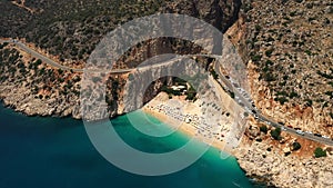 Aerial view of Kaputas beach in Kas, Turkey. Turquoise Mediterranean sea and cozy sand beach
