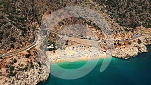 Aerial view of Kaputas beach in Kas, Turkey. Turquoise Mediterranean sea and cozy sand beach