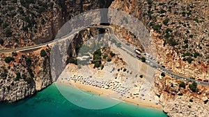 Aerial view of Kaputas beach in Kas, Turkey. Turquoise Mediterranean sea and cozy sand beach