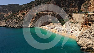 Aerial view of Kaputas beach in Kas, Turkey. Turquoise Mediterranean sea and cozy sand beach