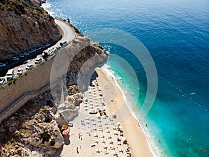 Aerial View of Kaputas Beach Mountain Way Turkish Mediterranean Coast in Antalya Province Kas / Turkey.