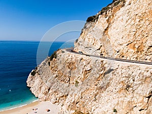 Aerial View of Kaputas Beach Mountain Way Turkish Mediterranean Coast in Antalya Province Kas / Turkey.