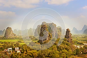 Aerial view at Karst mountains near Guilin in China.