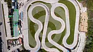 Aerial view of kart race track. Speedway kart field