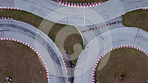 aerial view of the karting track during the race. Several racing karts compete on a special track.