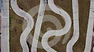 aerial view of the karting track during the race. Several racing karts compete on a special track.