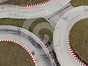 aerial view of the karting track during the race. Several racing karts compete on a special track.