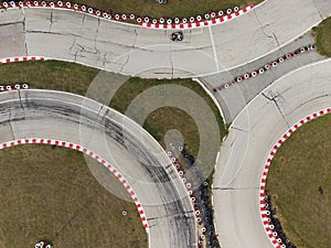 aerial view of the karting track during the race. Several racing karts compete on a special track.