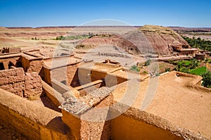 Aerial view on Kasbah Ait Ben Haddou and desert near Atlas Mountains, Morocco