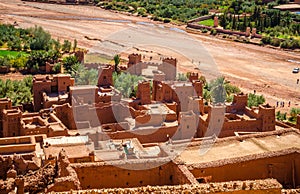 Aerial view on Kasbah Ait Ben Haddou and desert near Atlas Mountains, Morocco
