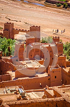 Aerial view on Kasbah Ait Ben Haddou and desert near Atlas Mountains, Morocco