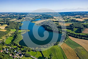 Aerial view of Kashubian Landscape Park. Kaszuby. Poland. Photo made by drone from above. Bird eye view