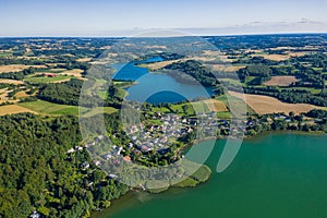 Aerial view of Kashubian Landscape Park. Kaszuby. Poland. Photo made by drone from above. Bird eye view