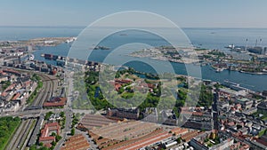 Aerial view of Kastellet citadel, historic pentagon fortress with bastions on sea coast. Copenhagen, Denmark