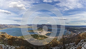 Aerial view of Kastoria city and Orestiada lake