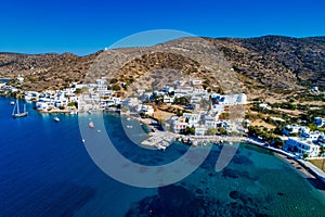 Aerial view of Katapola vilage, Amorgos island, Cyclades, Aegean