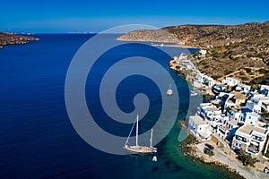 Aerial view of Katapola vilage, Amorgos island, Cyclades, Aegean
