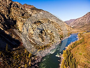 Aerial view of katun river in altai mountains during autumn season