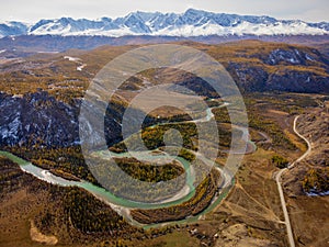 Aerial view of katun river and autumn mountains in altai, russia