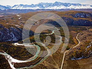 Aerial view of katun river in scenic altai mountains, russia