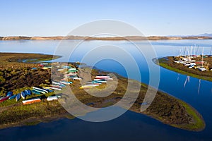 Aerial View of Kayaks and Boats on Coast in California