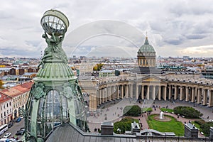 Aerial view of Kazan Cathedral in clear autumn day, a copper dome, gold cross, colomns, Nevsky prospect, Zinger`s Building,