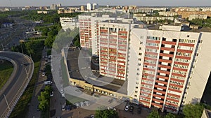 Aerial view of Kazan city, Russia. Apartment blocks and road traffic