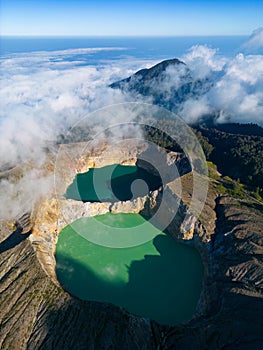 Aerial view of Kelimutu National Park's crater lakes on Flores Island, Indonesia.