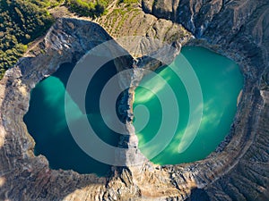 Aerial view of Kelimutu National Park's crater lakes on Flores Island, Indonesia.