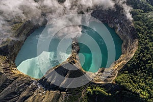Aerial view of Kelimutu volcano and its crater lakes, Indonesia