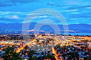 Aerial View of Kelowna Skyline at Sunset Blue Hour