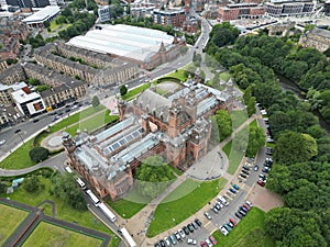 Aerial view of Kelvingrove Art Gallery and Museum, with its iconic red brick building