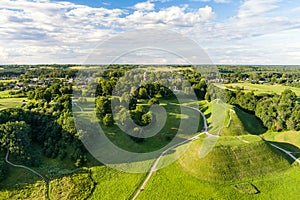 Aerial view of Kernave Archaeological site, a medieval capital of the Grand Duchy of Lithuania