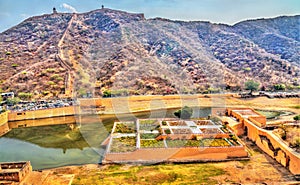 Aerial view of Kesar Kyari or Saffron Garden on Maota Lake. Amer - Jaipur, India