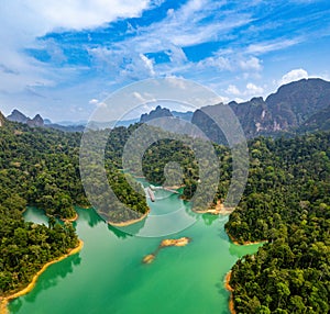 Aerial view of Khao Sok national park, in Cheow lan lake, Surat Thani, Thailand