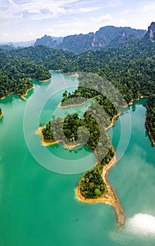 Aerial view of Khao Sok national park, in Cheow lan lake, Surat Thani, Thailand