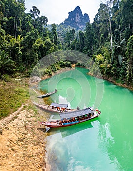 Aerial view of Khao Sok national park, in Cheow lan lake, Surat Thani, Thailand