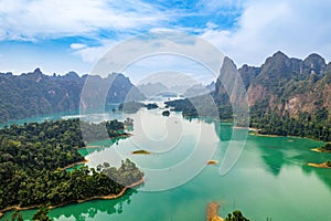 Aerial view of Khao Sok national park, in Cheow lan lake, Surat Thani, Thailand