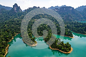 Aerial view of Khao Sok national park, in Cheow lan lake, Surat Thani, Thailand