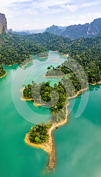 Aerial view of Khao Sok national park, in Cheow lan lake, Surat Thani, Thailand