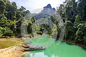 Aerial view of Khao Sok national park, in Cheow lan lake, Surat Thani, Thailand