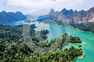 Aerial view of Khao Sok national park, in Cheow lan lake, Surat Thani, Thailand