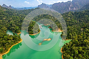 Aerial view of Khao Sok national park, in Cheow lan lake, Surat Thani, Thailand