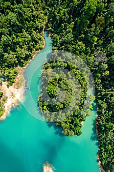 Aerial view of Khao Sok national park, in Cheow lan lake, Surat Thani, Thailand