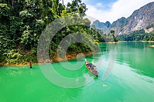 Aerial view of Khao Sok national park, in Cheow lan lake, Surat Thani, Thailand