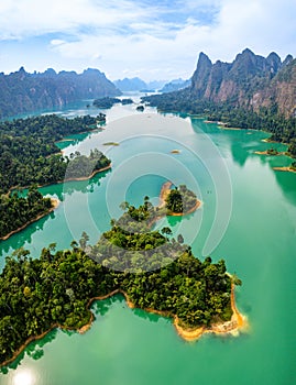 Aerial view of Khao Sok national park, in Cheow lan lake, Surat Thani, Thailand