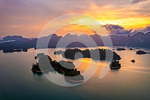 Aerial view of Khao Sok national park at sunrise, in Cheow lan lake, Surat Thani, Thailand