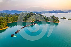 Aerial view of Khao Sok national park at sunrise, in Cheow lan lake, Surat Thani, Thailand