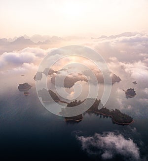 Aerial view of Khao Sok national park at sunrise, in Cheow lan lake, Surat Thani, Thailand