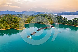 Aerial view of Khao Sok national park at sunrise, in Cheow lan lake, Surat Thani, Thailand